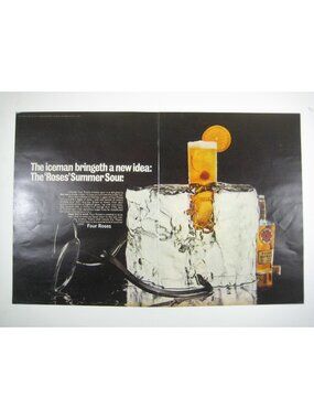 Vintage Four Roses Whiskey Summer Sour Ad Print 1960s 2 Page Ice Block Bar Decor